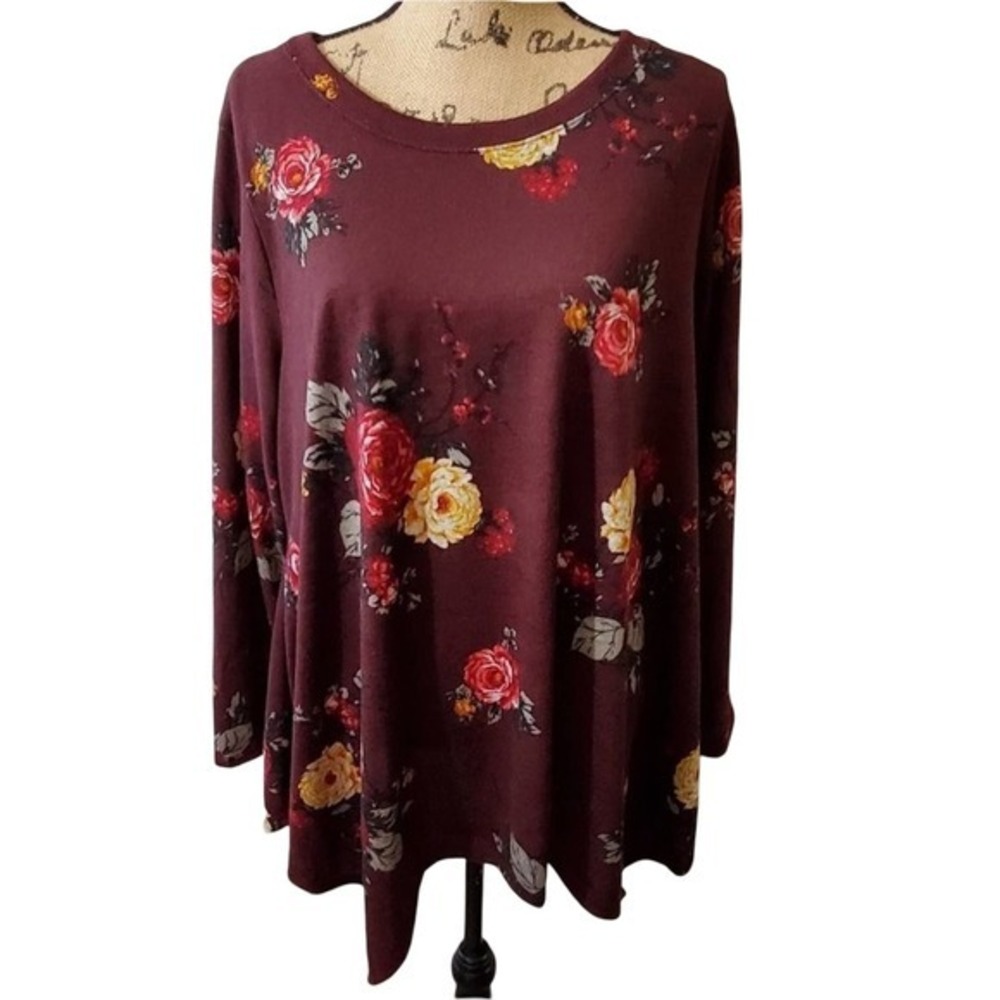 Green Envelope Burgundy Floral Long Sleeve Tunic Top Plus Size 2X New
